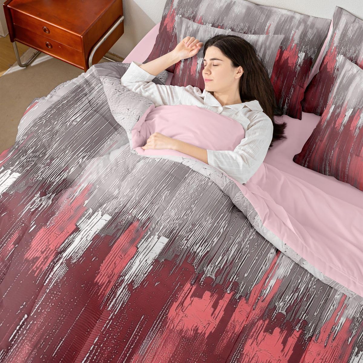 Erosebridal Greyish Gradient 7 Piece Bedding Set Queen White Rosy Comforter Set with Sheets Chic Abstract Art Graffiti Modern Bed in a Bag Farmhouse Ombre Vintage Retro for Teens Men Women
