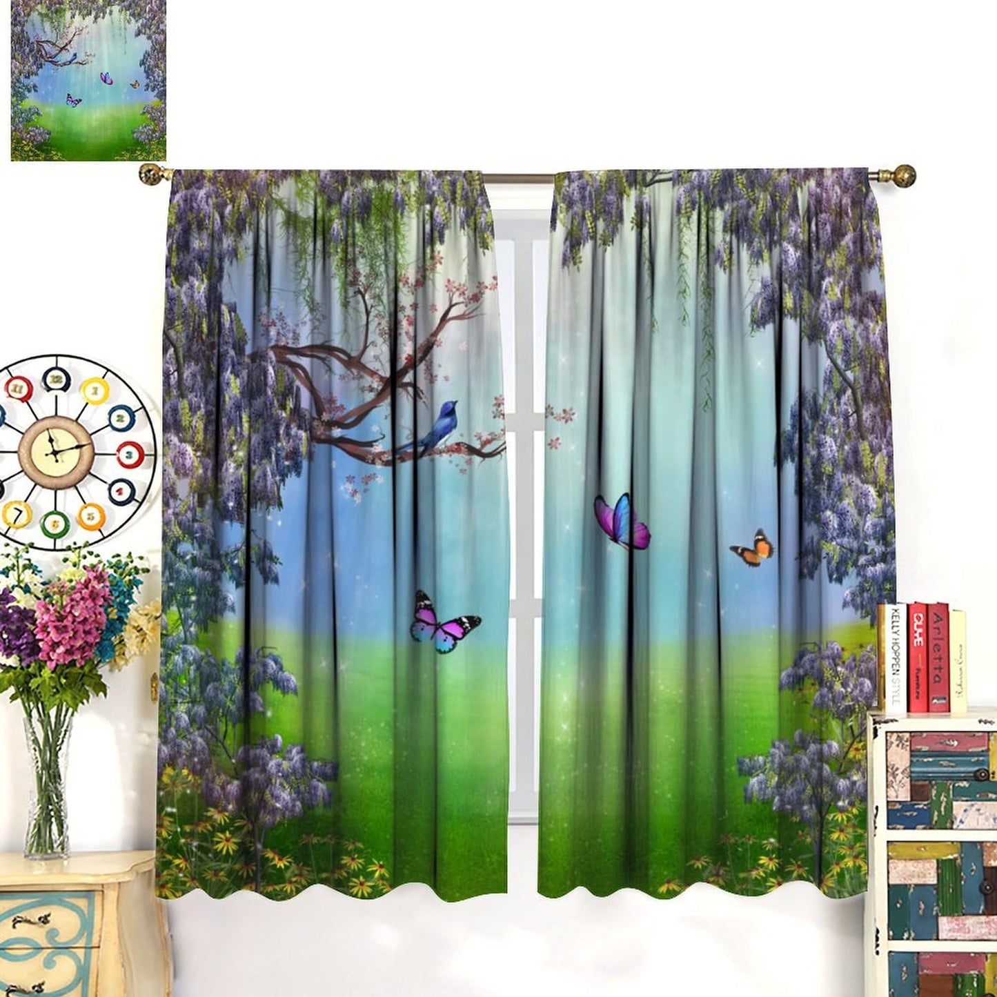 DDCBNS Fantasy Nature Windows Curtains,Magical Forest Plants Flower Window Treatments for Bedroom Living Room Dream Garden Butterfly Drapes 2 Panels Set,Total Size 42 x 45 Inch
