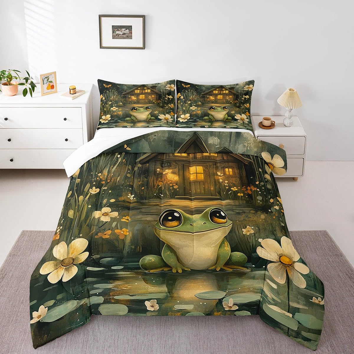 Manfei Cute Frog Kids Comforter Set,Jungle Lodge Wild Animal Dreamy Bedding Set All Season,Rustic Daisy Flowers Lake Lotus Leaves Starry Cabin Comforter 2 Pcs with 1 Pillowcase,Twin Size