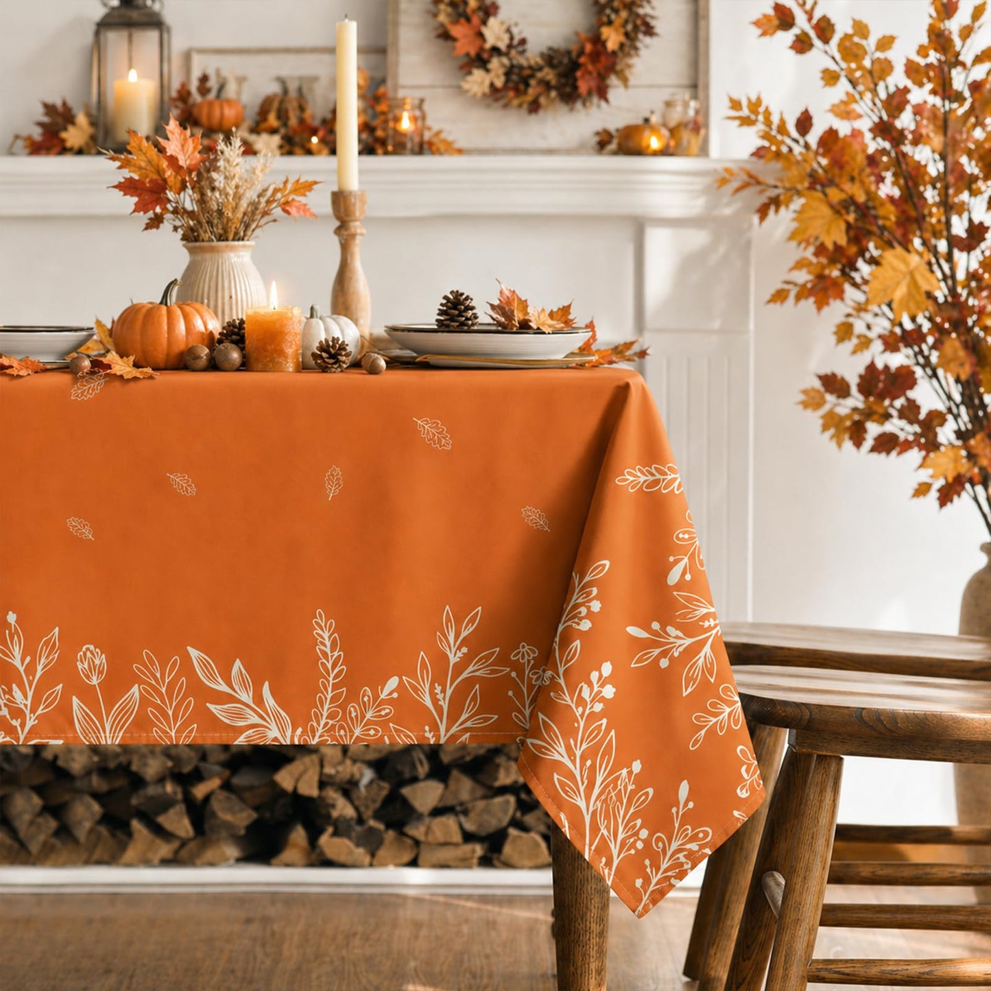 Juynyyn Fall Tablecloth 60x84 Inch Rectangular, Thanksgiving Autumn Harvest Orange Wild Flowers Table Cover for Party Picnic Dinner Decor