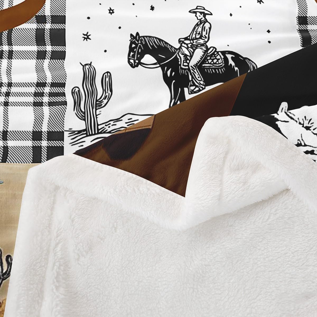 Erosebridal Boho Skull Bull Horse Sherpa Blanket Twin Size, Western Cowboy Fleece Blanket, Exotic Geometric Grid Patchwork Fuzzy Plush Throw, Southwestern Rustic Farmhouse Decor for Sofa Couch