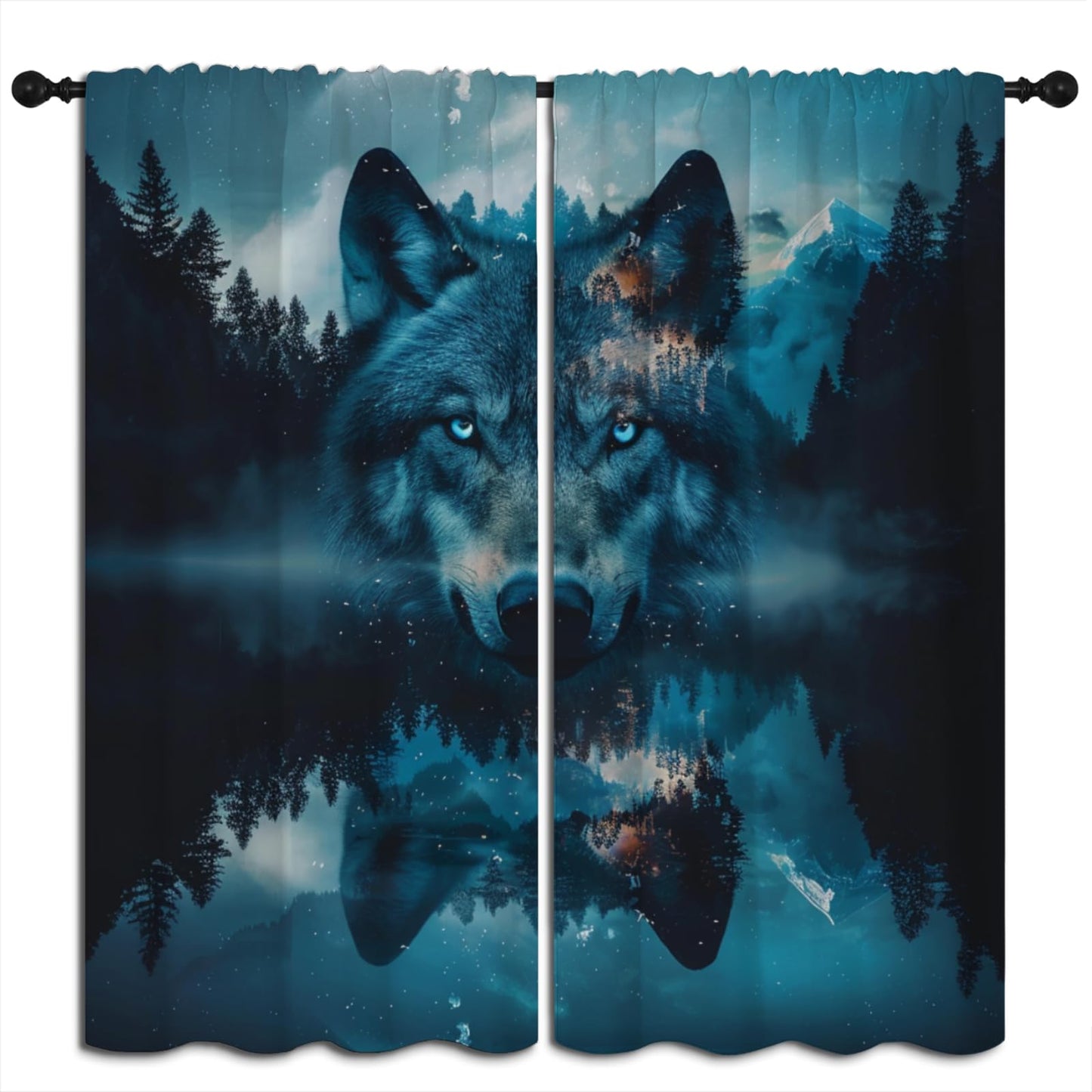 Wolf Blackout Curtains for Boys Girl Bedroom Home Decor, Wildlife Misty Forest Starry Sky Mountains Abstract Art Thermal Insulated Rod Pocket Darkening Living Room Window Drapes, 42 x 45 inch
