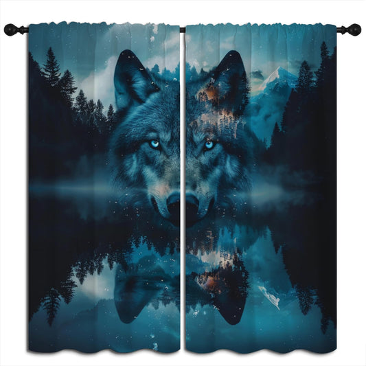 Wolf Blackout Curtains for Boys Girl Bedroom Home Decor, Wildlife Misty Forest Starry Sky Mountains Abstract Art Thermal Insulated Rod Pocket Darkening Living Room Window Drapes, 42 x 45 inch