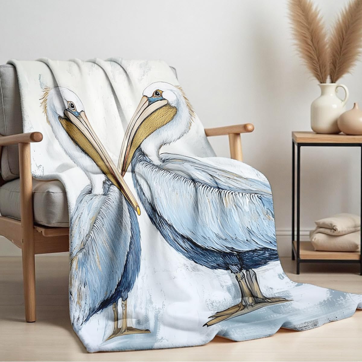 HUNXIAOJ Pelican Throw Blanket for Couch Bed Coastal Bird Print Flannel Blanket Soft Warm Beach Themed Animal Throw for Bedroom Home Decor Pelican Gifts (49"x59")