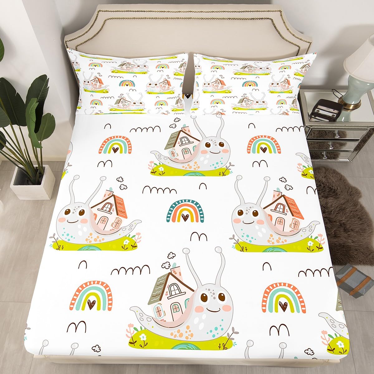 Homewish Cute Snail Bedding Set Twin Size Cartoon Rainbow Bed Sheet 3Pcs for Kids Girls Boys Teens Room Decor,Nature Spring Animals Fitted Sheet Pink Green Stripes Top Flat Sheet,1 Pillowcase