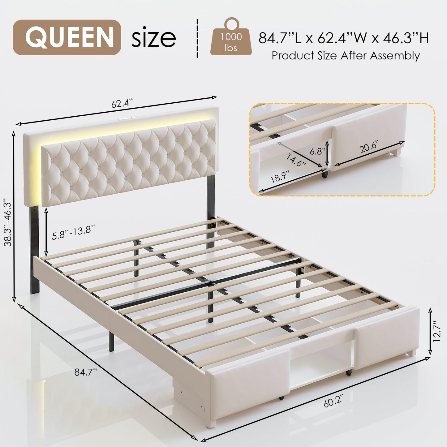MARMONS Queen Bed Frame with Button Tufted Headboard, Queen Size Upholstered Platform Bed Frame with LED Lights/Charging Station/Footboard Storage, Wooden Slats, No Box Spring Needed, White