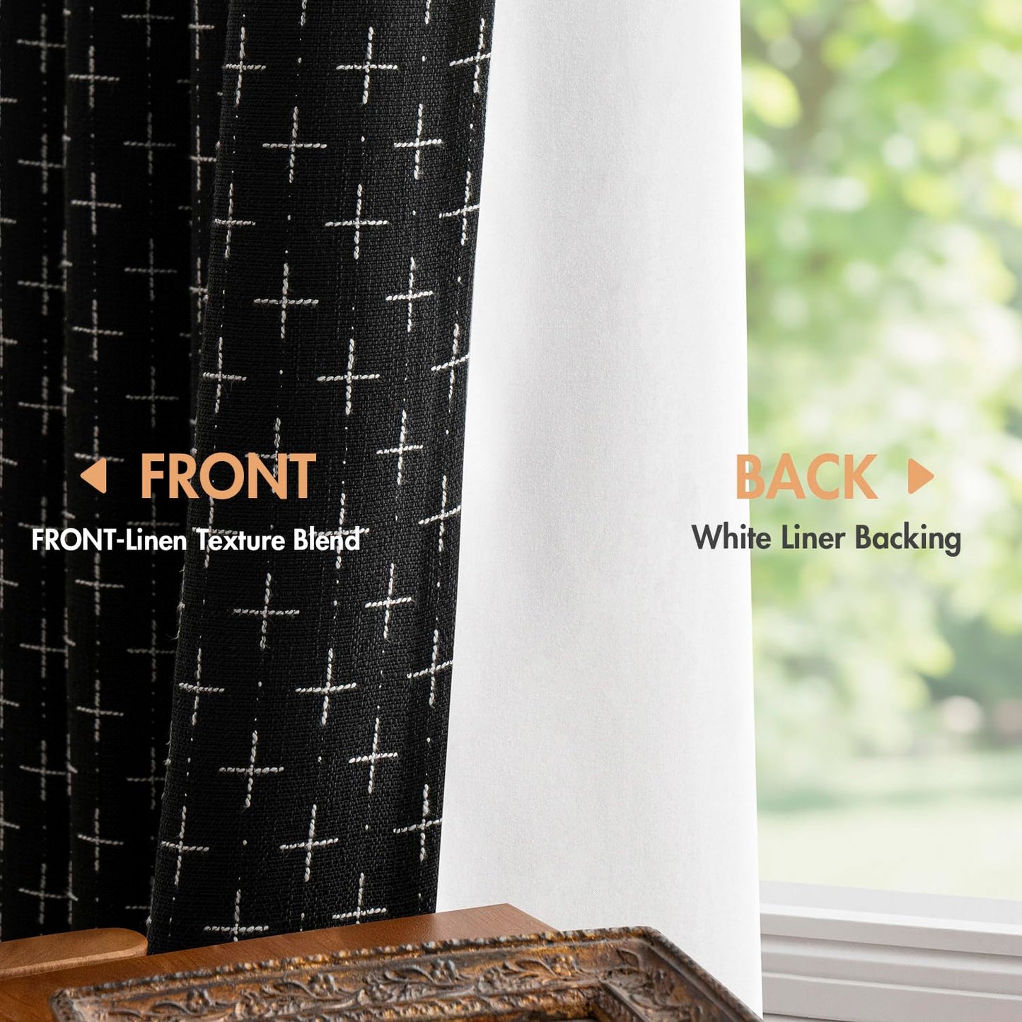 MIULEE 100% Blackout Decorative Linen Curtains with Geometric Pattern, Thick Woven Farmhouse Rustic Patterned Drapes with Back Tab for Bedroom and Living Room, Black, 52 x 84 Inches, 2 Panels