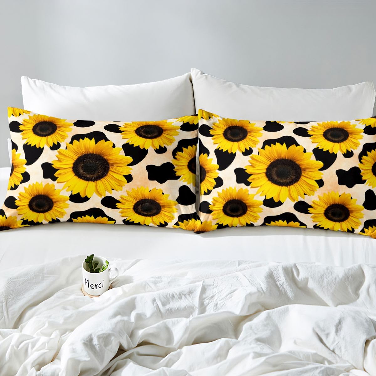Sunflower Fitted Sheet for Kids Girls Boys Black White Milk Cow Print Bedding Sets Spring Summer Floral Fitted Bed Sheets Highland Cow Farm Theme Sunflower Bedding Twin Size,No Flat/Top Sheet