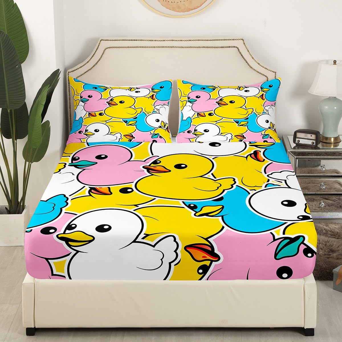 Erosebridal Colorful Duck Bed Sheets for Kids Boys Girls Toddler,Cartoon Duck Sheet Set Full,Graffiti Rustic Animal Bedding Set,Cute Farmhouse Animal Fitted Sheet + Top Sheet + 2 Pillowcases