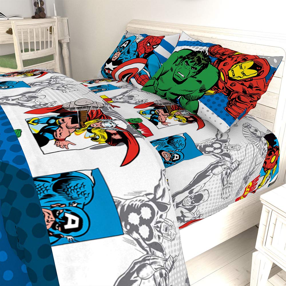 Jay Franco Kids Sheet Set with Fitted, Flat Sheets & Pillow Cover - Ultra-Soft Bedding with Pillowcase for Room Decor, White - Avengers, 4 Piece Full