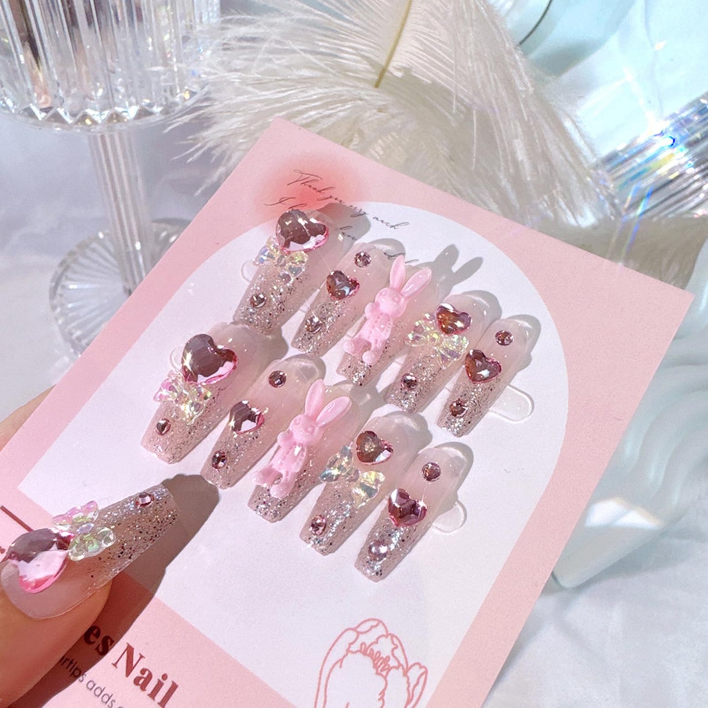 SINHOT Luxury Press on Nails - Long Coffin Fake Nails 3D Handmade Rabbit & Pink Heart Reusable False Nails with Rhinestone Designs,DIY Artificial Nail Art, 24pcs