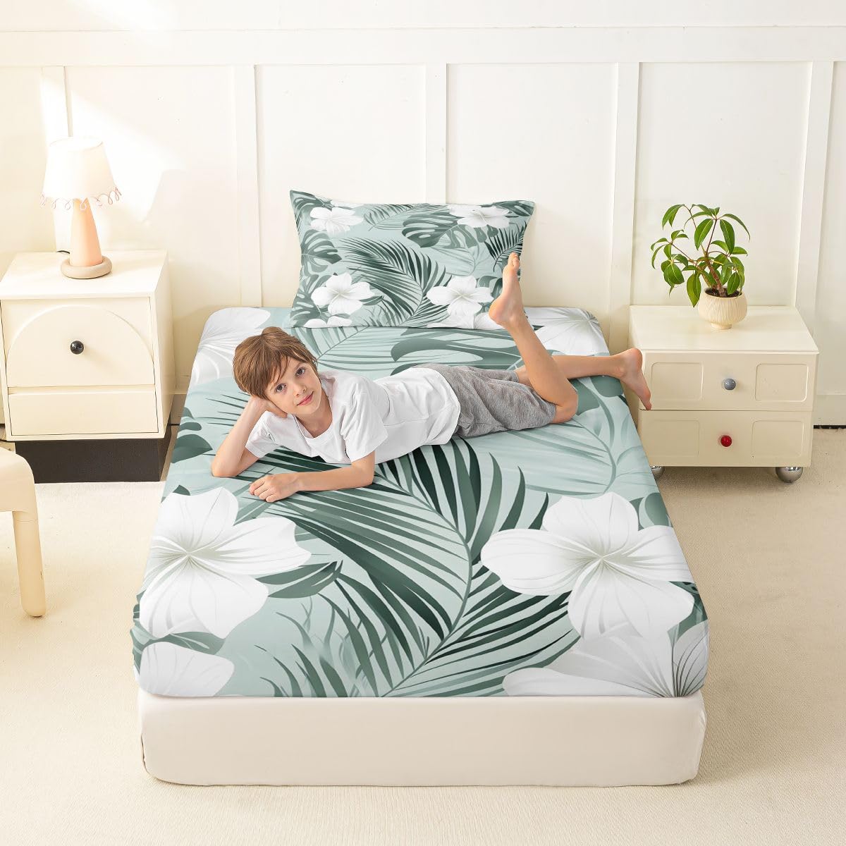 Erosebridal Tropical Floral Fitted Sheet Twin Gradient Mint Watercolor Palm Leaf Floral Bed Sheets Soft Breathable Bedding Set,Summer Hawaiian Themed Bed Cover 2 Pcs