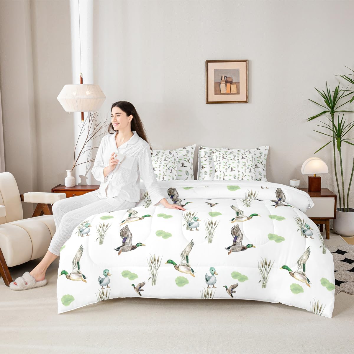 Erosebridal Mallard Duck 7 Piece Comforter Set Twin Bed in A Bag Woodland Wild Duck Bedding Set for Kids Boys Girls Waterfowl Flying Ducks Sheet Set Rustic Farmhouse Comforter Hunting Wildlife Theme