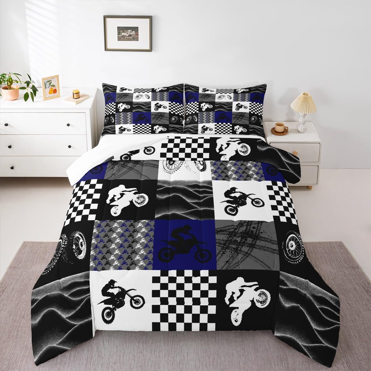 Dirt Bike Comforter Set, Motocross Rider Bedding Comforter Sets King, Motorcycle Grunge Down Comforter for Kids Boys Adult Men, Motorbike Extreme Sport Game Comforter, Buffalo Plaid, Blue Grey Black