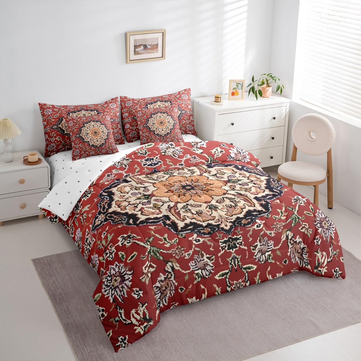 jejeloiu Retro Floral Boho Comforter Set with Sheets 7 Piece Twin Size Boho Bed in a Bag Kids Boys Girls Western Decor Bedding Set Bedroom Decor Breathable Soft Lightweight Microfiber