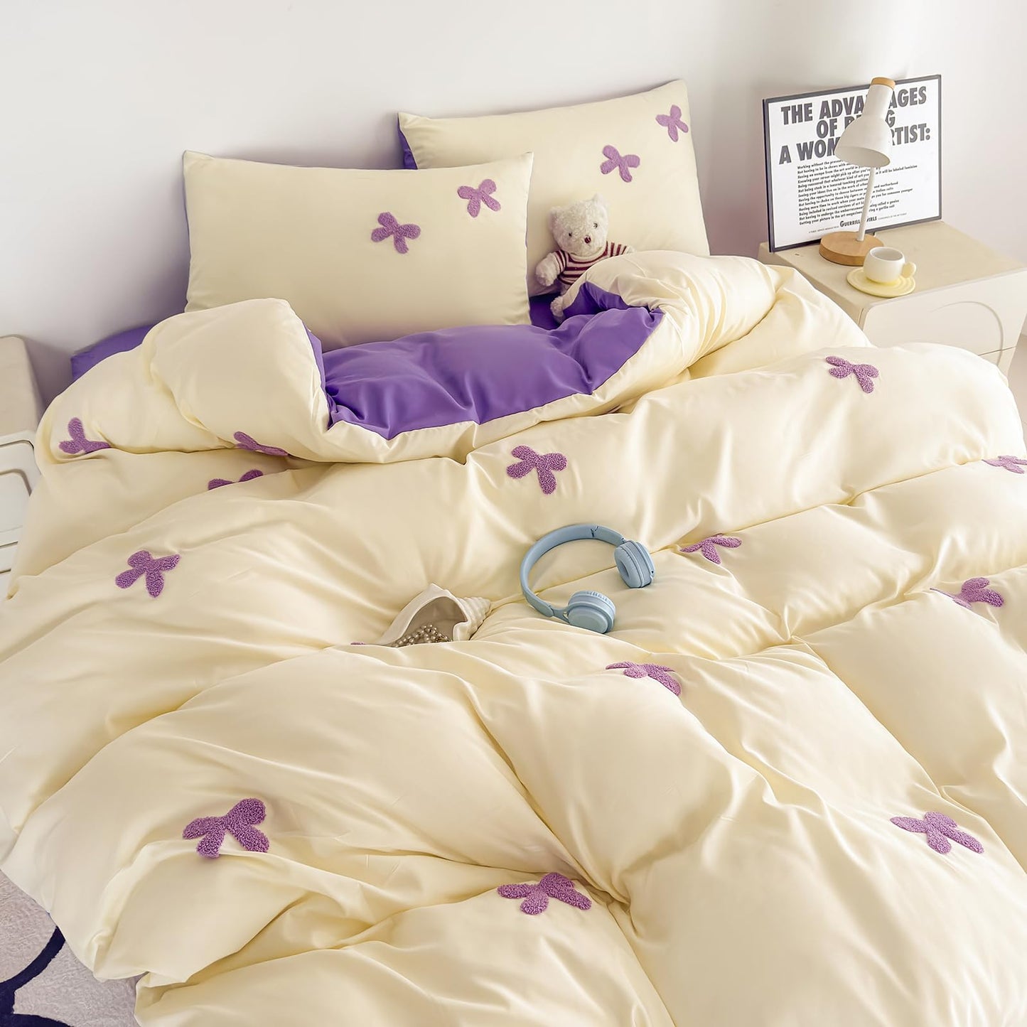 Tailor Shop Queen Size Girls Bedding Set 5 Pieces Pink Bedding Tufted Chenille Bowknot Embroidery White Comforter Girls Purple Comforter