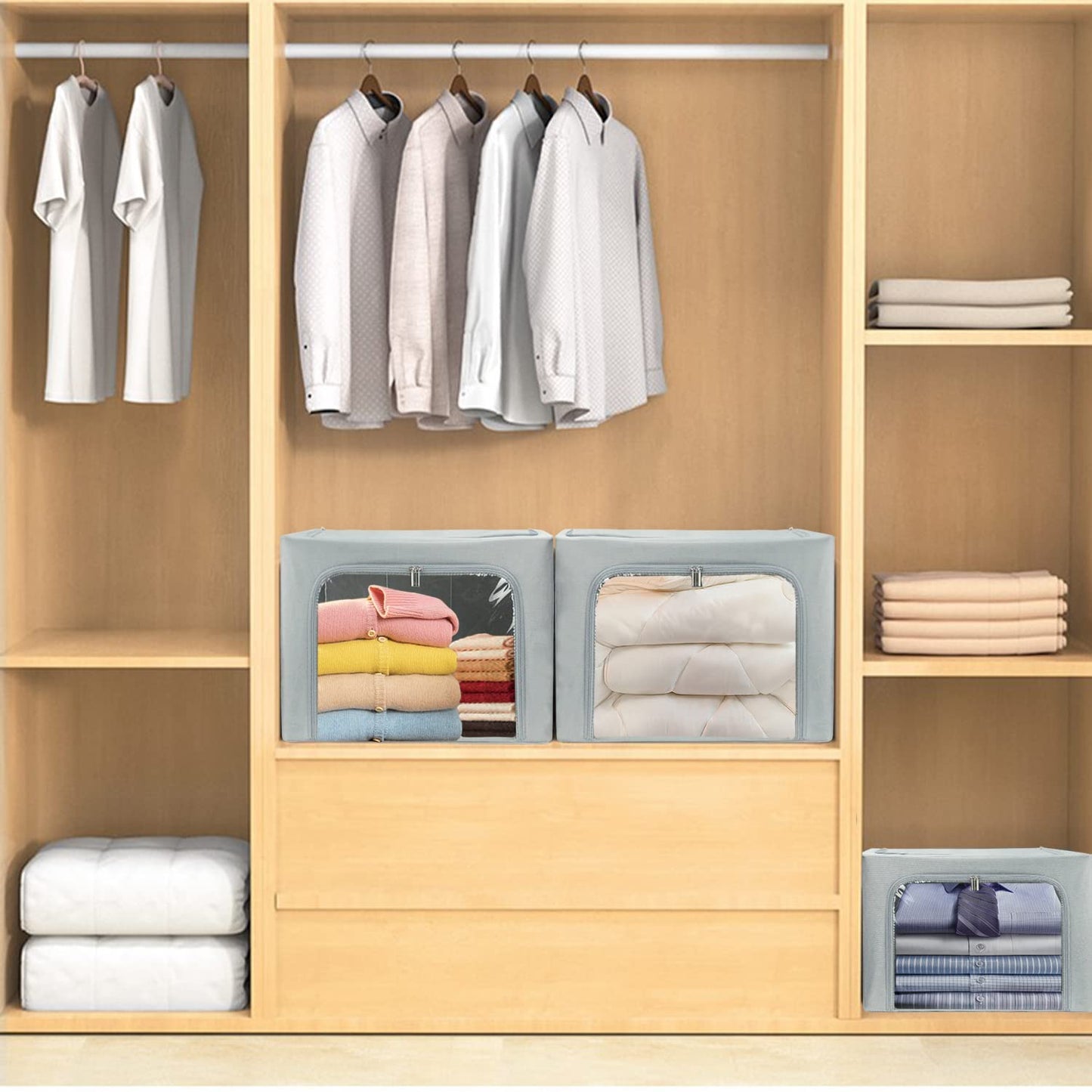 UUBEMM Clothes Storage Bins with Foldable Sturdy Frame,Stackable Storage Box for Closet Shelf Organizers for Seasonal Clothing,Blankets,Towel Bed Sheets,Toys Gift Others (Medium -40L x3PACK, Grey)