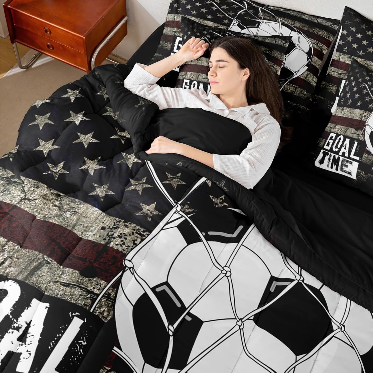 Erosebridal Football Twin Bedding Set 7-Piece American Flag Bed in A Bag with Sheets for Kids Boys Teens Soccer Sports Games Comforter Set United States Stripes Bedding Comforter Sets