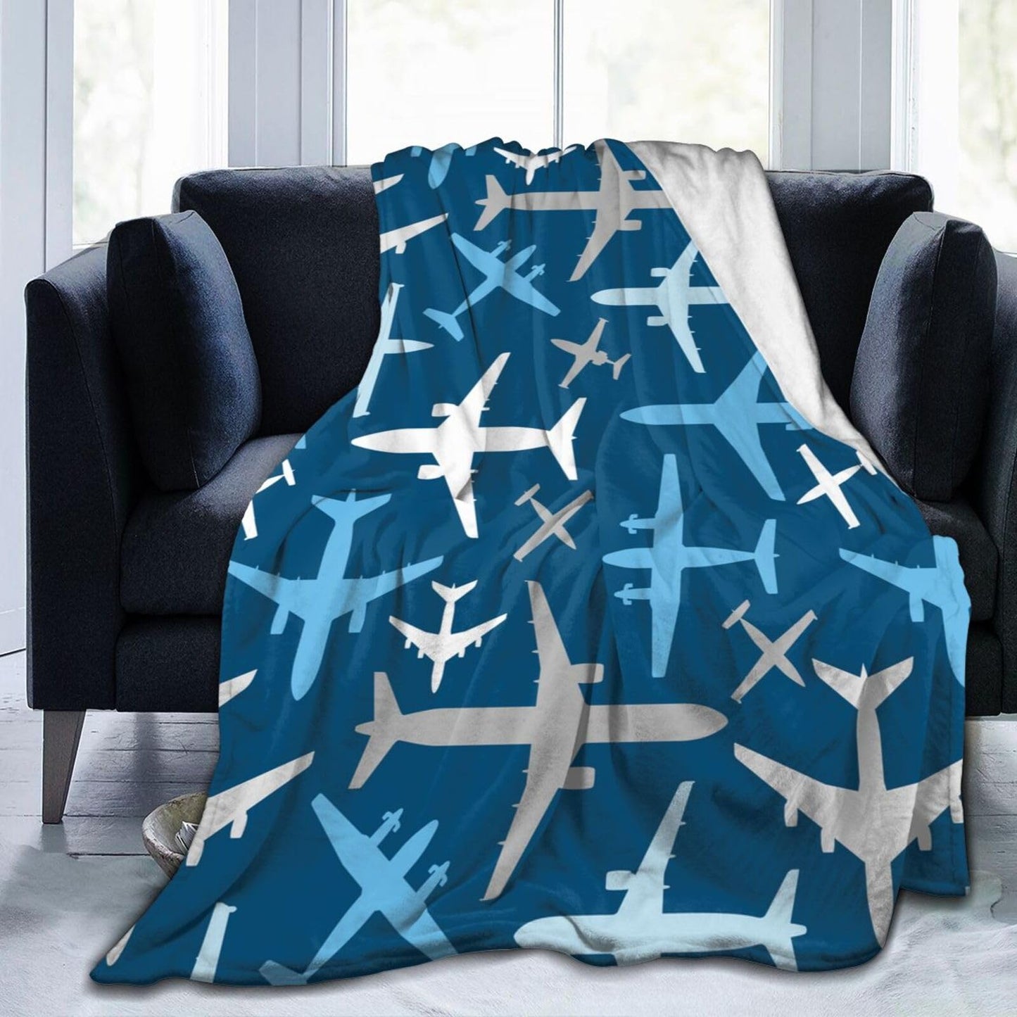 Cute Airplane Aircraft Plane Pattern Flannel Throw Blanket for Kids Boys Baby Toddler Teens Gifts Soft Warm Bedroom Throws for Home Couch Room Sofa Office Travel Camping Dorm Decor 50x40 Inch