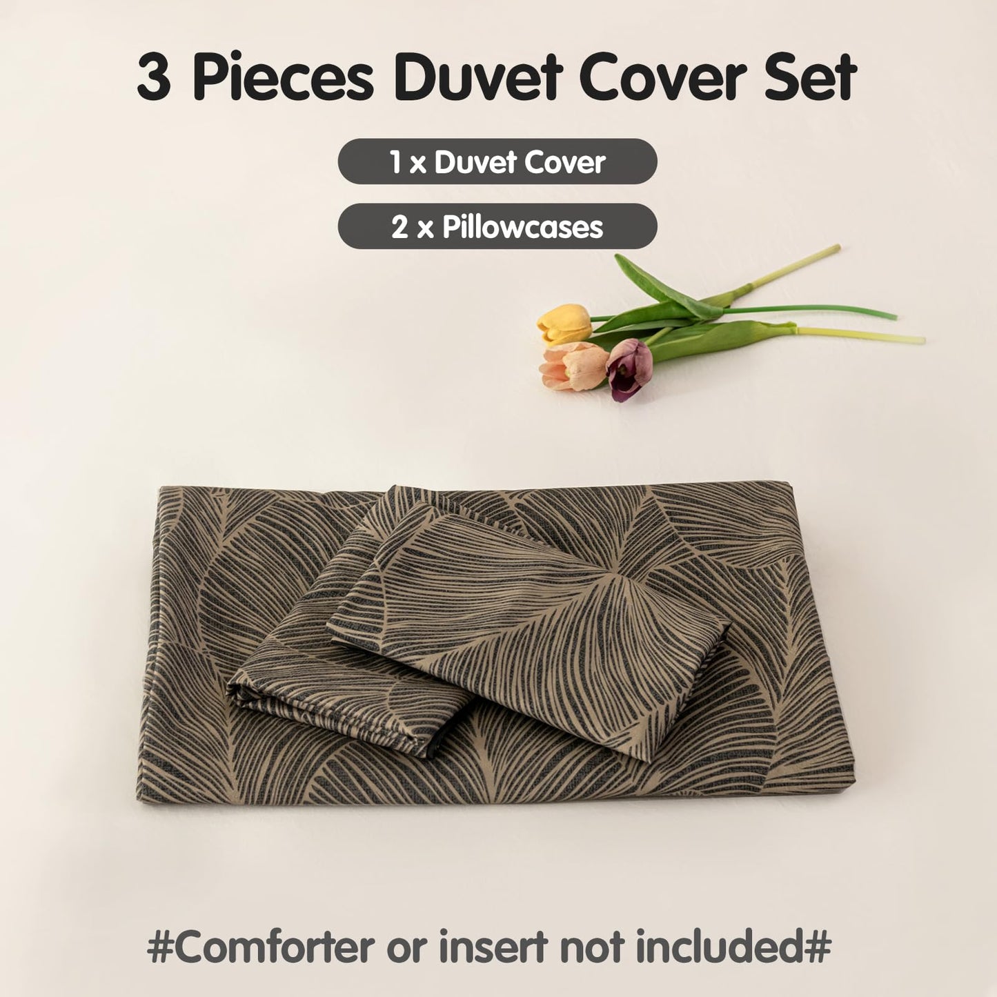 Lekesky Queen Size Duvet Cover Set, Reversible Queen Comforter Cover with Tropical Leaves Pattern, Soft 100% Washed Microfiber 3 Pieces Khaki Bedding Set with Zipper and 2 Pillowcases