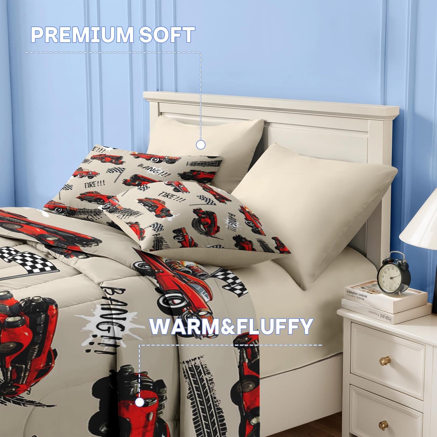 Nesker 5 Pcs Car Comforter Set Twin Size, Rad Race Car Boys Bedding Brown Black Bed in a Bag for Kids and Adults, Retro Cool Truck Bed Sheet Sets with Fitted Sheet Pillowcases & Shams