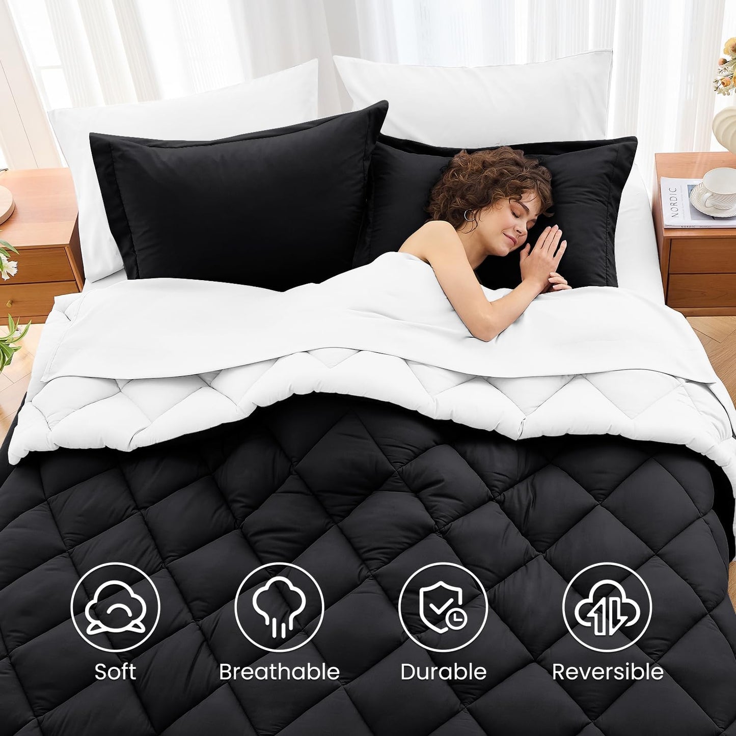 MUXHOMO 7 Pieces California King Comforter Set, Reversible Bed in a Bag Cal King Size, All Season Bedding Set with Comforter, Flat Sheet, Fitted Sheet, Pillowcases & Shams, Black & White