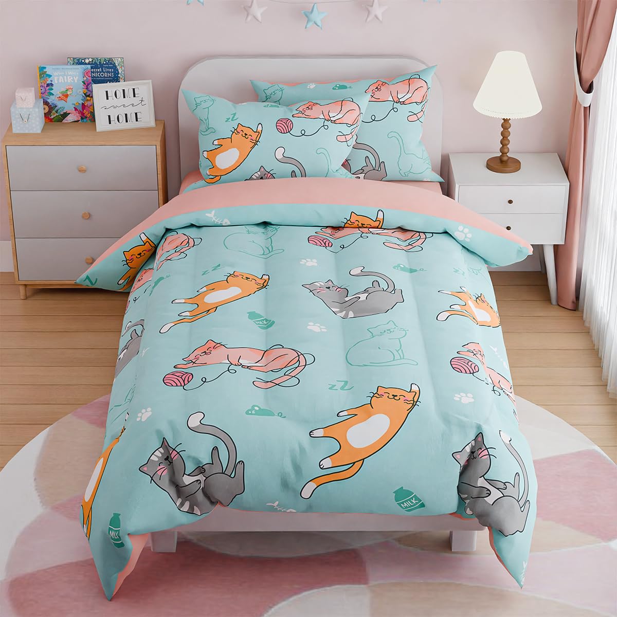 SANDJEST Cat Comforter Set Twin for Girls, Ultra Soft Microfiber Bedding Sets with 3-Pieces, Cats Comforters Bed Sets for Kids Children Girl Bedroom Decor
