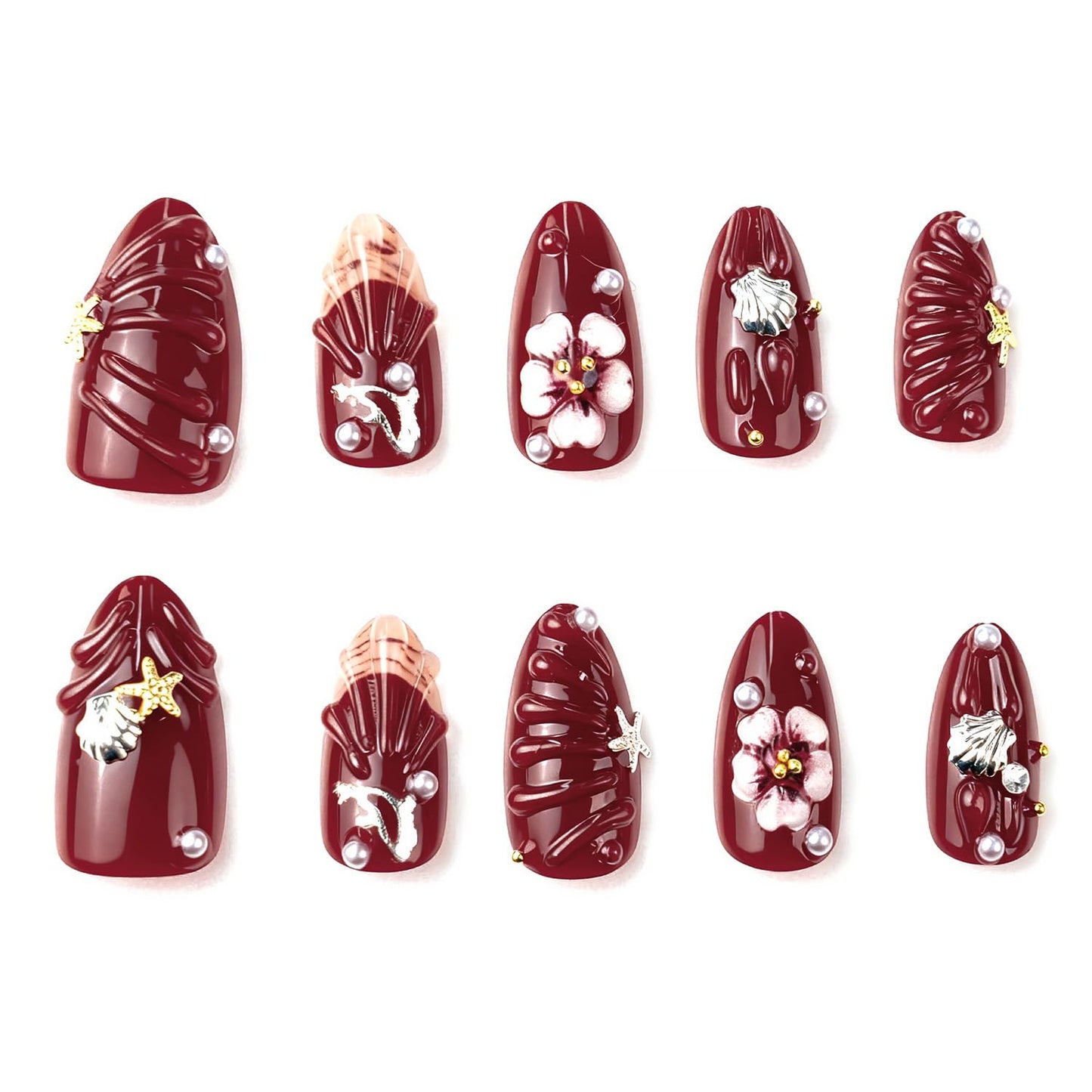 30Pcs Red Press on Nails Medium Almond Flower Fake Nails with Gold Silver Glitter Pearl Shell Design 3D Ripple False Nails Full Cover Artificial Glue on Nails Spring Summer Stick on Nails for Women