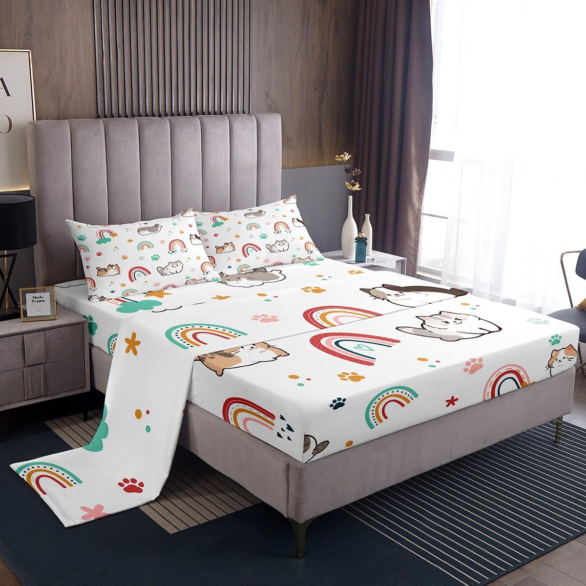 Kawaii Cats Bed Sheet Set for Kids,Rainbow Stars Cloud Cute Sheets Set,Cartoon Kittens Animal Home Decor Sheet Sets with Deep Pocket,Top Sheet,1 Pillow Case,Twin