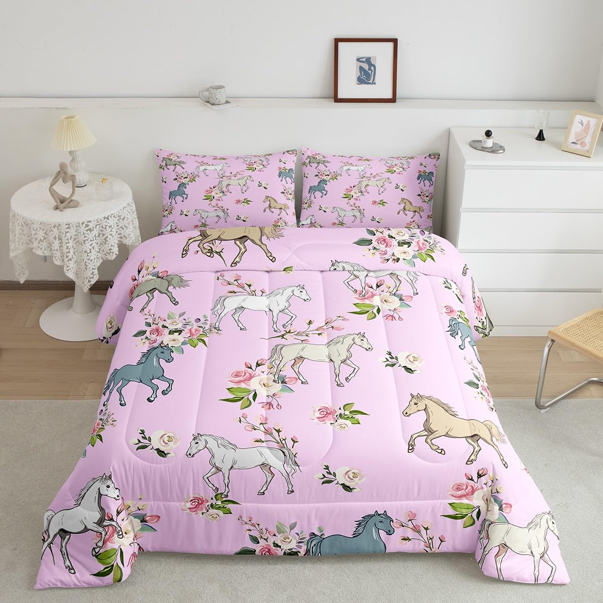 Erosebridal Horse Comforter Set Queen Rose Bedding Set for Girls Boys Kids Teens Western Cowboy Cowgirls Wild Animal Floral Down Comforter Cute Horses Flower Duvet Insert Lightweight, Pink