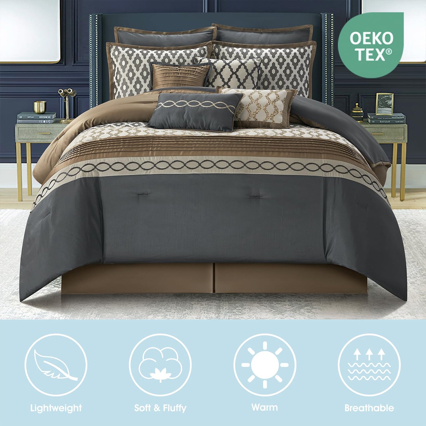 LANCO MODERN LIFESTYLE Queen Comforter Set, Grey Brown, 10 Piece Bed in a Bag for All Seasons, Luxury Extreme Comfort Bedding Sets with Bedskirt, Pillow Shams, Euro Shams and Decor Pillows