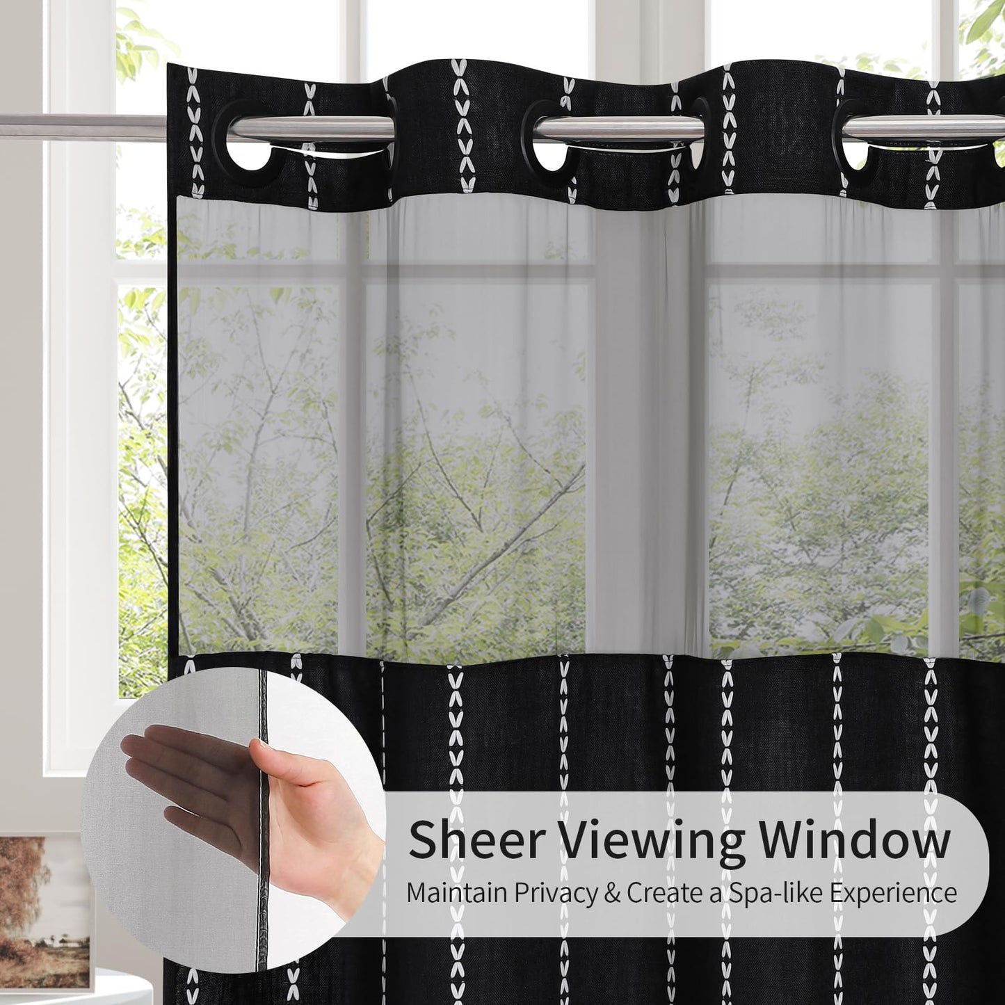 No Hooks Needed Farmhouse Shower Curtain with Snap-in Liner - with Window & Magnets, Boho Cotton Linen Fabric Shower Curtains with Tassels for Rustic Bathroom Decor, Black and White, 72 x 74