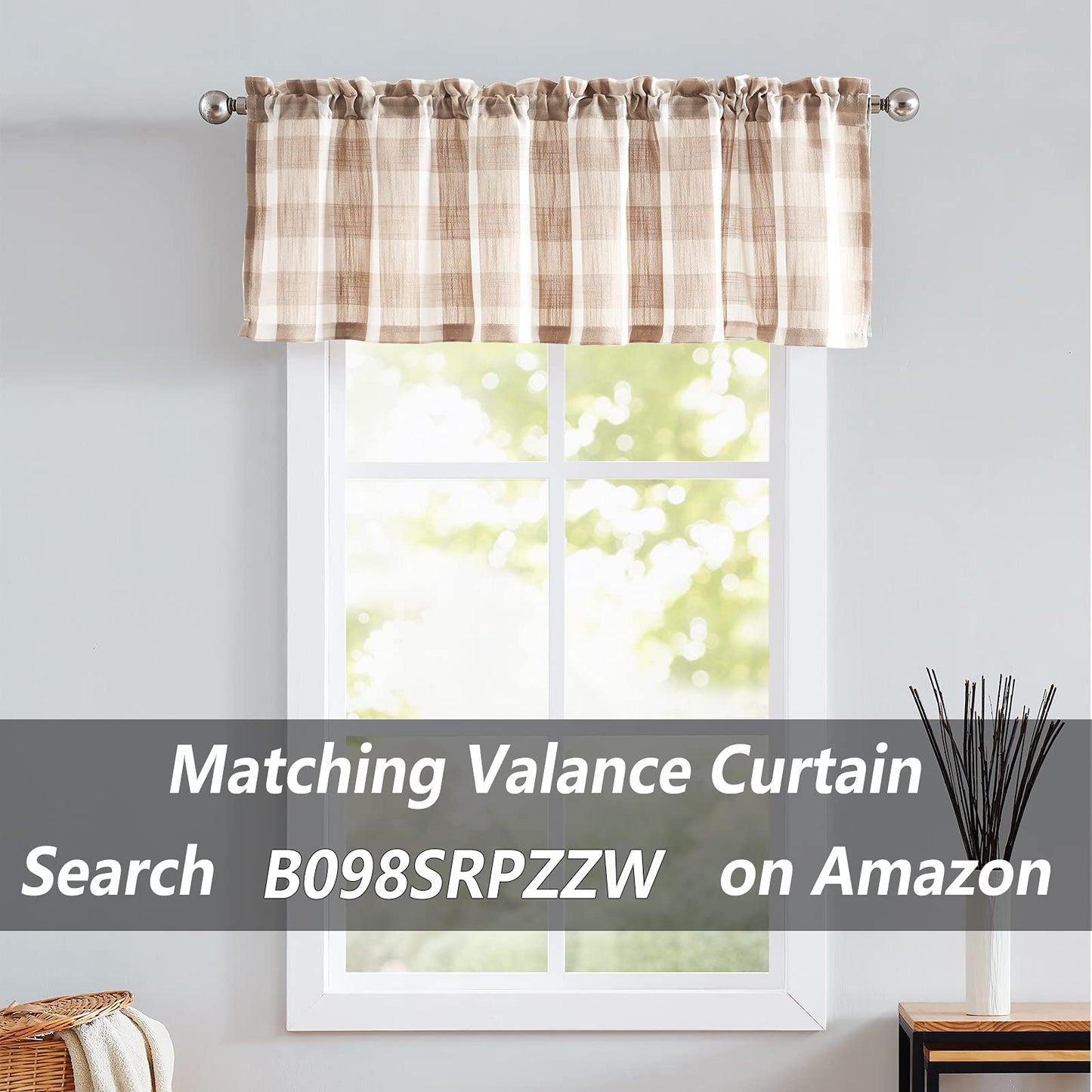 Treatmentex Pompom Buffalo Plaid Curtains 45" Kitchen Curtains Rustic Farmhouse Tan and White Check Curtain Panels for Small Windows Basement Bathroom Rod Pocket 2pcs
