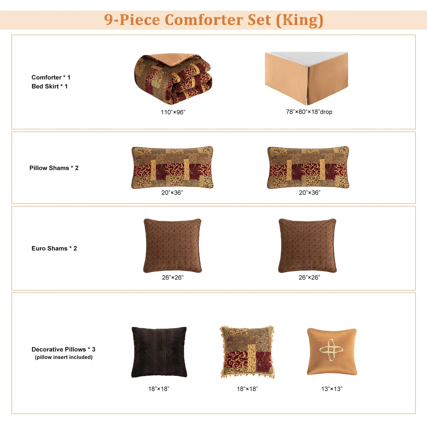 Loom and Mill 9-Piece Jacquard Luxury Traditional Patchwork Comforter Sets, Ultra Soft Bedding with Euro Shams, Bedskirt, Filled Decorative Pillow for Home (Loong, King),Red Gold