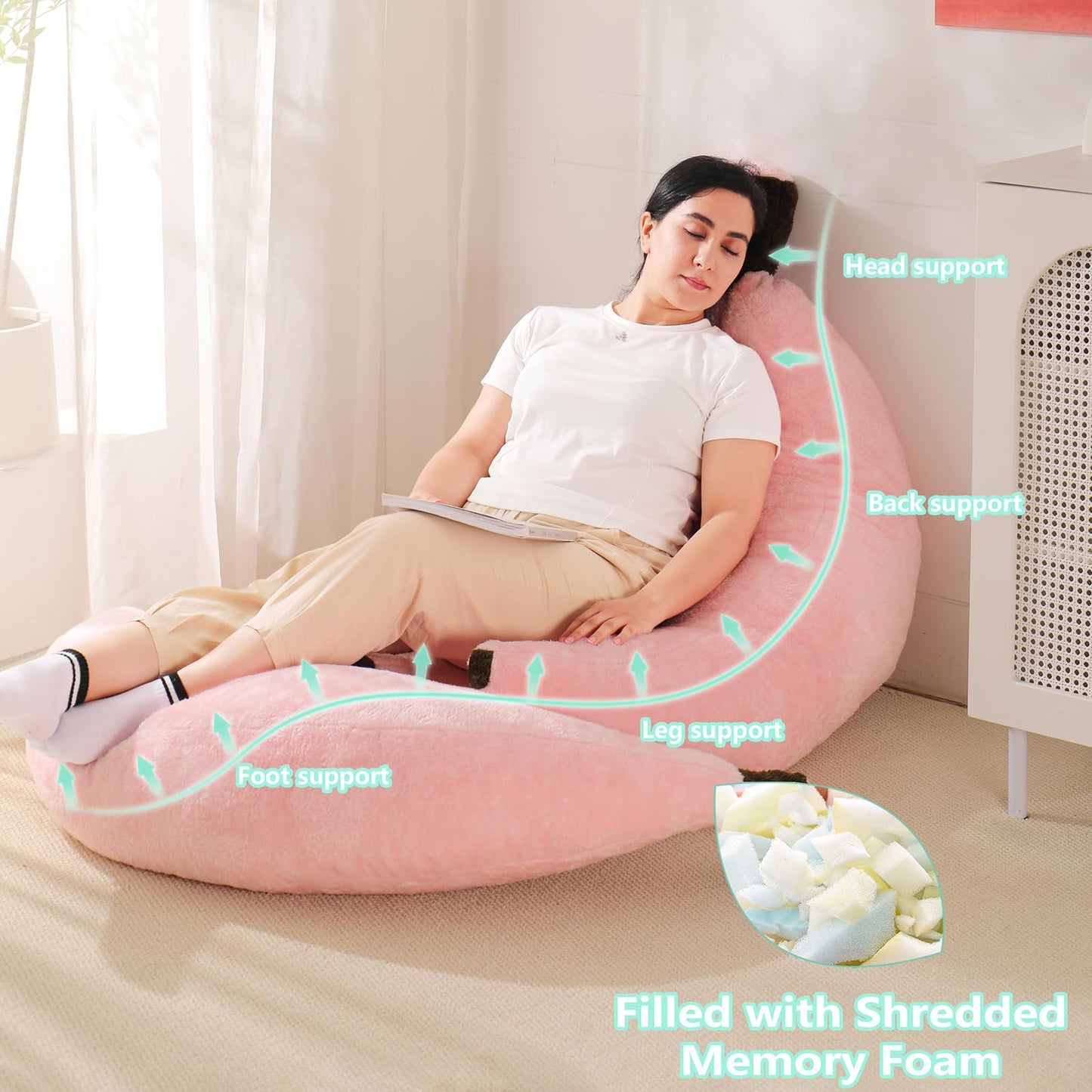 IEVENW Banana Bean Bag Chair with Ottoman, Floor Sofa Bed with Footrest, Comfy Convertible Lounger for Teens & Adults, Plush Couch for Bedroom, Living Room or Dorm, M-Pink