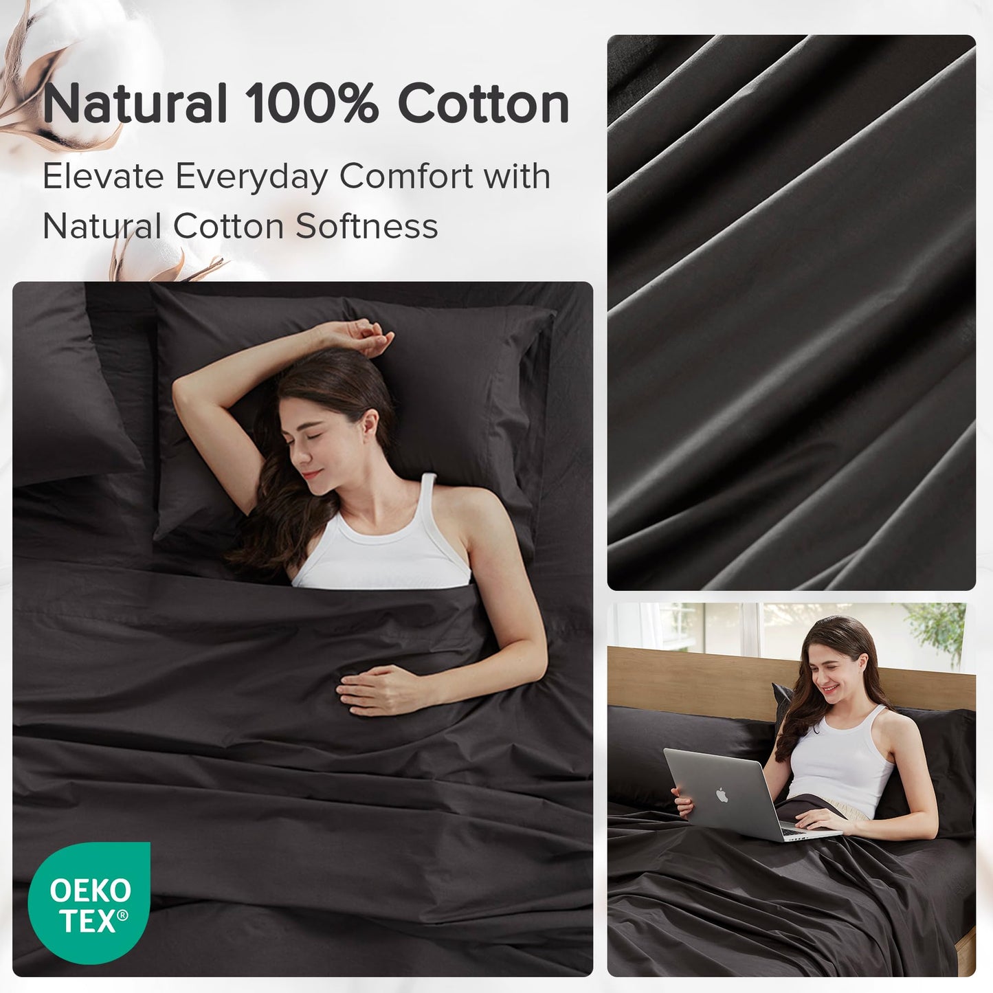 Comfort Spaces 100% Cotton Sheets Twin XL, Breathable & Ultra Soft Cotton Sheets, Naturally Cool Cotton Bed Sheets with 12" Elastic Pocket Fits up to 14" Mattress, All Season Sheet Set, Black, 3 Piece