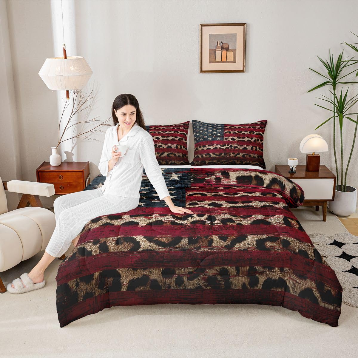 jejeloiu Leopard Print Bedding Set Soft for Boys Girls, American Flag Comforter Set Queen Size Cheetah Print Duvet Quilt Microfiber Modern Art Bedroom Decor 3 Pcs with 2 Pillow Cases