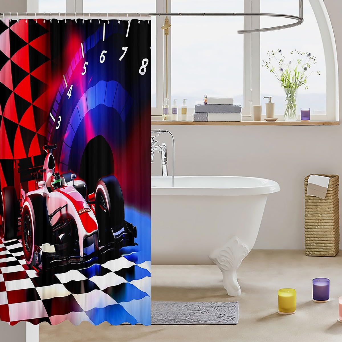 Feelyou Sport Car Shower Curtain with Hooks Race Car Decor Fabric Bathroom Shower Curtain Racing Kids Waterproof Shower Curtains Black White Geometric Lattice Automobile Printed Curtain,72Wx72L Inch