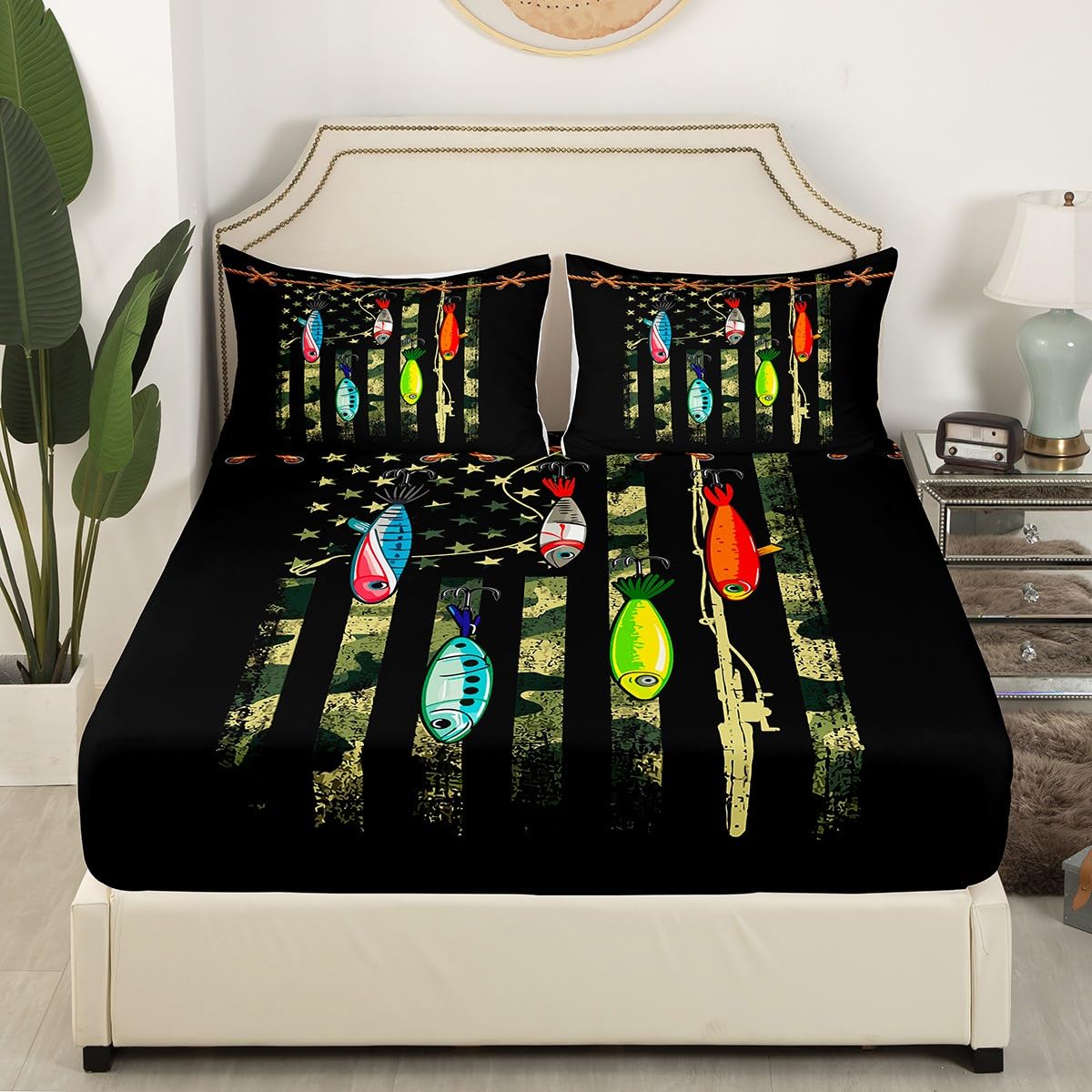 Castle Fairy Fishing Lure Bed Sheet Set for Boys Girls,Green Camouflage American Flag Bed Sheet Set Full Size Bedding Set,Camo Fish Print Fisherman Gift Fitted Sheet and 1 Flat, 2 Pillow Sham