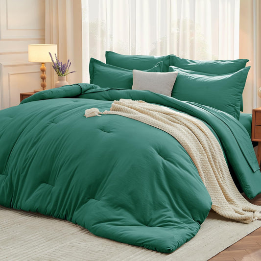 MUXHOMO 7 Pieces King Comforter Set, Soft Bed in a Bag King Size, All Season Bedding Set with Comforter, Flat Sheet, Fitted Sheet, Pillowcases & Shams, Emerald Green