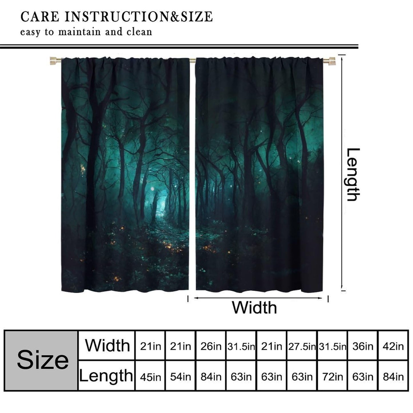 SHElifestyle Gothic Forest Curtains, Darkness Spooky Window Treatments, Creepy Horror Dark Tree Halloween Fireflies Window Drapes for Bedroom Living Room Kitchen W42 X L45