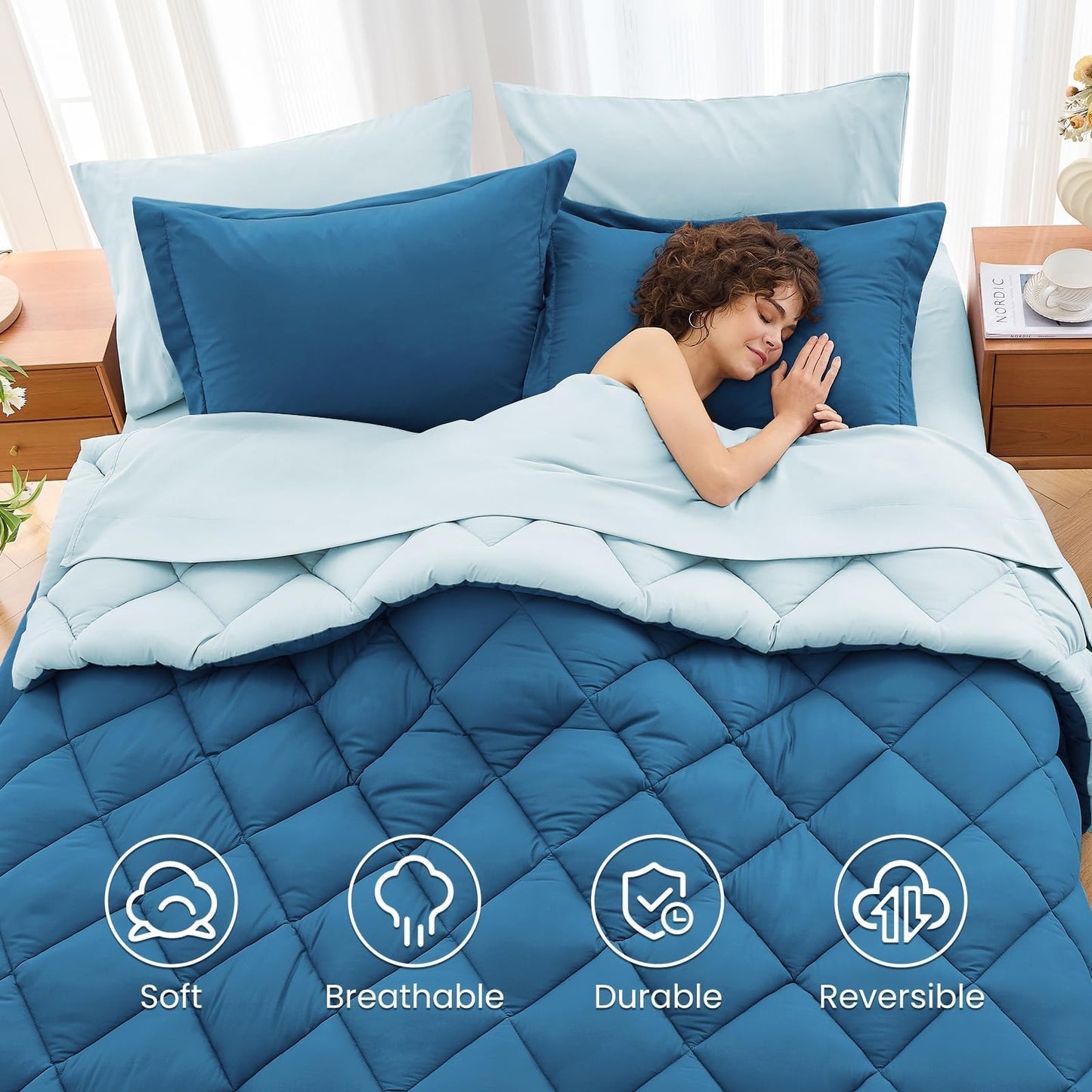 MUXHOMO 7 Pieces King Comforter Set, Reversible Bed in a Bag King Size, All Season Bedding Set with Comforter, Flat Sheet, Fitted Sheet, Pillowcases & Shams, Teal & Lake Blue