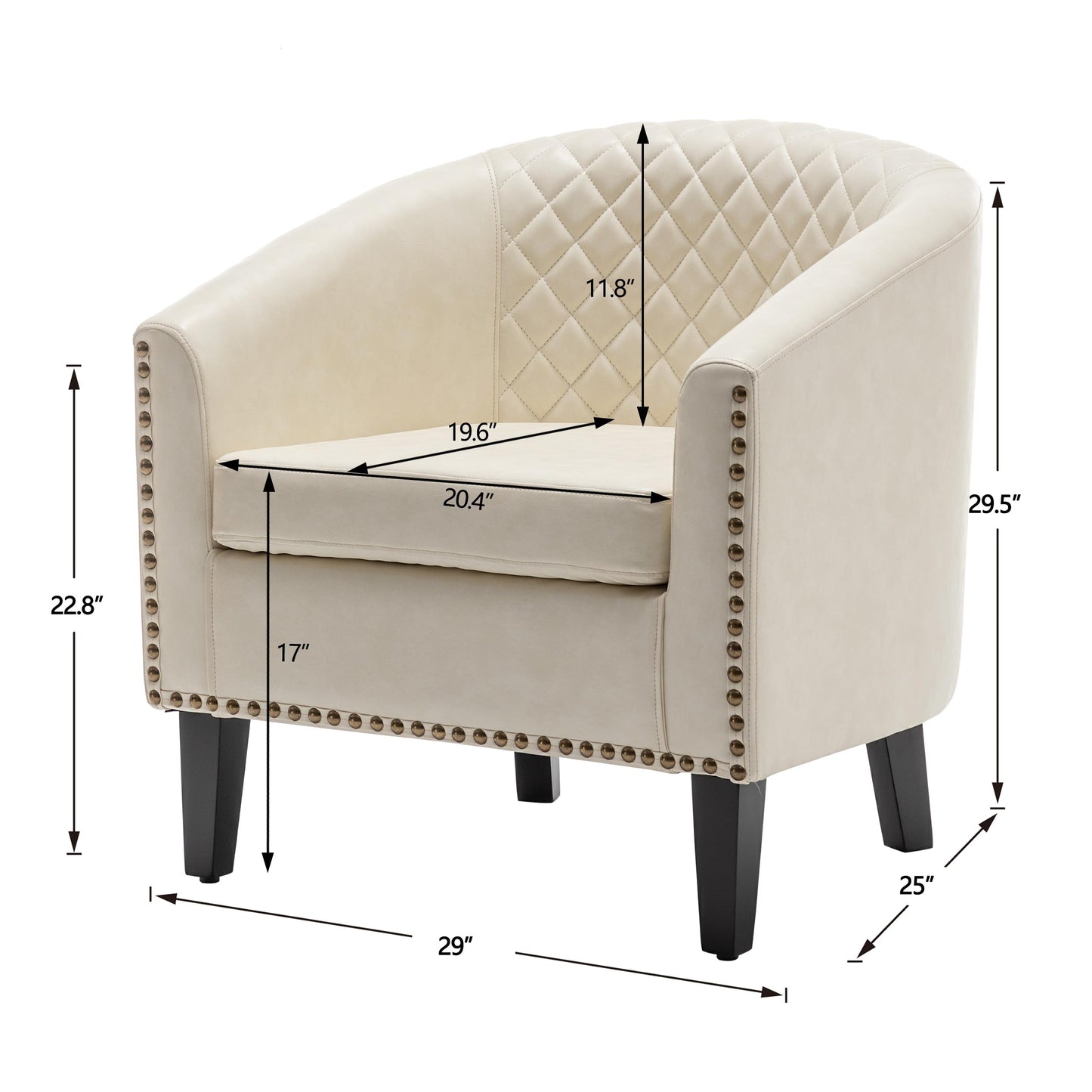 KINWELL 29" W Modern Faux Vegan Leather Barrel Chair, PU Upholstered Tufted Accent Club Chairs with Nailhead Trim, Small Armchair for Living Room Bedroom Apartment Lounge Nursery, Cream