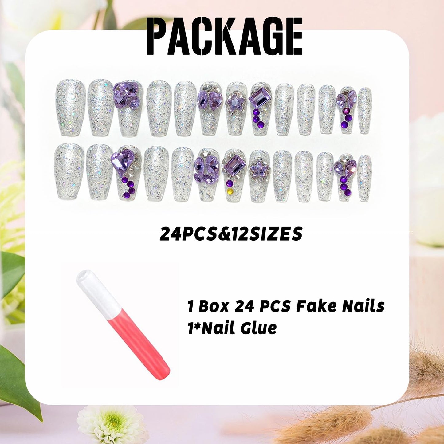 IMSOHOT Purple Press on Nails Long Coffin Fake Nails Glossy Acrylic False Nails with Bling Rhinestone Designs Glitter Glossy White Artificial Beallerina Handmade Reusable Stick on Nails