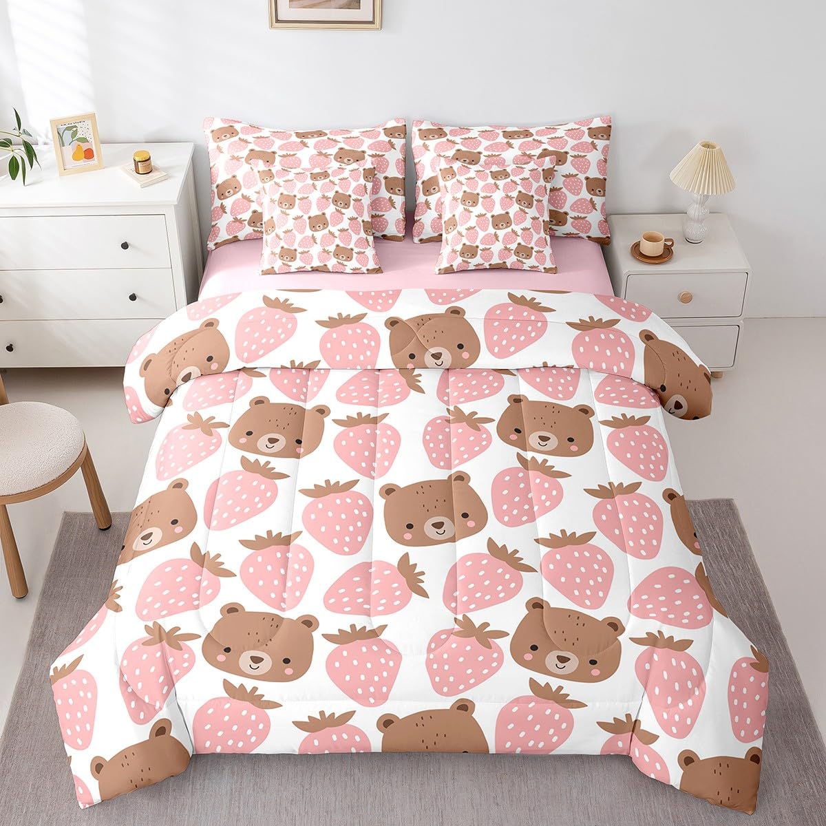 Cute Bear 7Pcs Comforter Set Full Size,Pink Strawberry Bedding Set for Kids Girls Boys Teens Room Decor,Cartoon Animals Bed in a Bag Sweet Pink Fitted Sheet Flat Sheet,2 Throw Pillow 2 Pillowcases