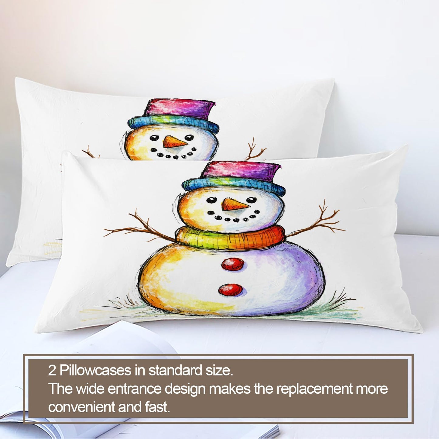 Snowman Duvet Cover Twin Size, Painted Snowman Comforter Cover Christmas Bedding Set 3 Piece with 2 Pillow Sham with Zipper Closure 68" x86"
