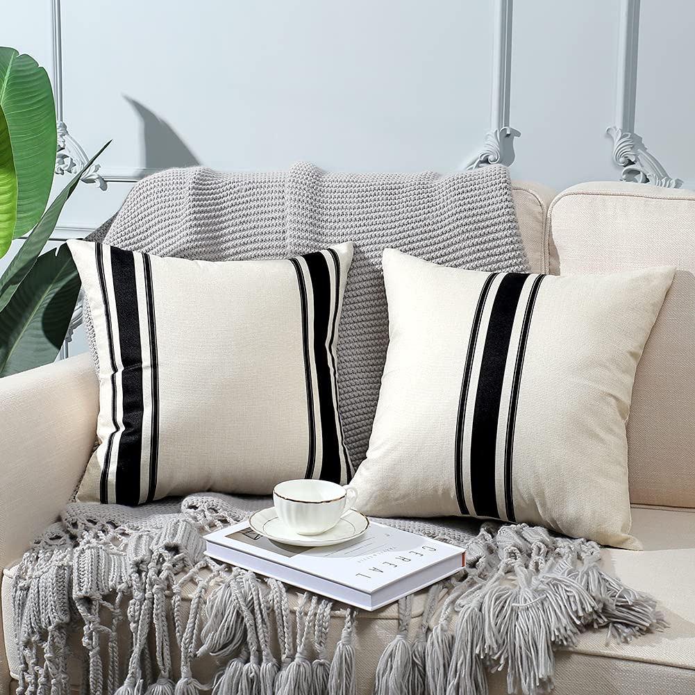 OTOSTAR Pack of 2 Outdoor Waterproof Decorative Pillow Covers 20x20 Inch Linen Geometry Pillowcases Cushion Case Garden Throw Pillow Covers Pillows Shell for Patio Furniture Couch Tent Balcony (Black)
