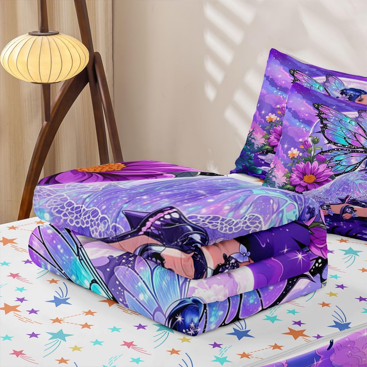 Erosebridal Floral Girly Zip Up Bedding Comforter Sets Twin Size, Butterfly Anime Girl Comforter in One Zipper - Romance Flowers Bedding Set with Pillowcases