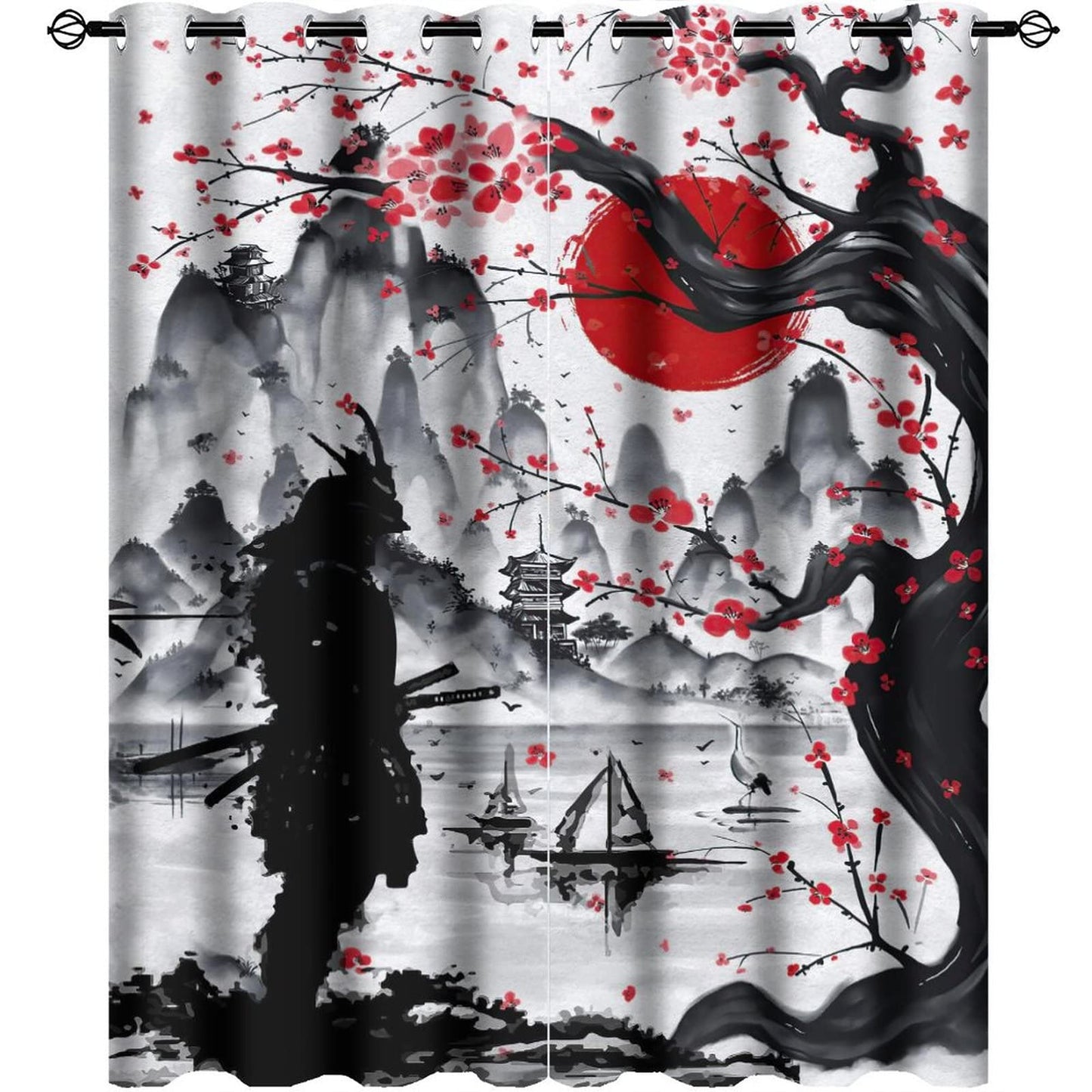 Retro Japanese Blackout Curtains for Bedroom,Watercolor Ink Samurai Red Sun Mountain Cherry Blossoms Grommet Thermal Insulated Room Darkening Curtains Window Curtains 2 Panels 45L x 21W