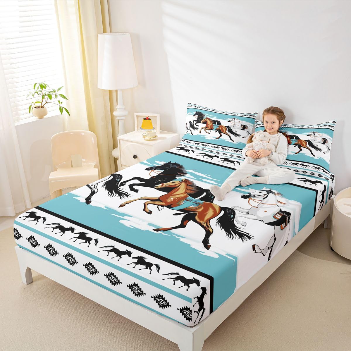 jejeloiu Horses Bed Sheets Set Queen Size Tribal Farm Sunset Run Bed Set Farmhouse Wildlife Deep Pocket Fitted Sheet Southwestern Native Aztec Breathable Soft Lightweight Microfiber